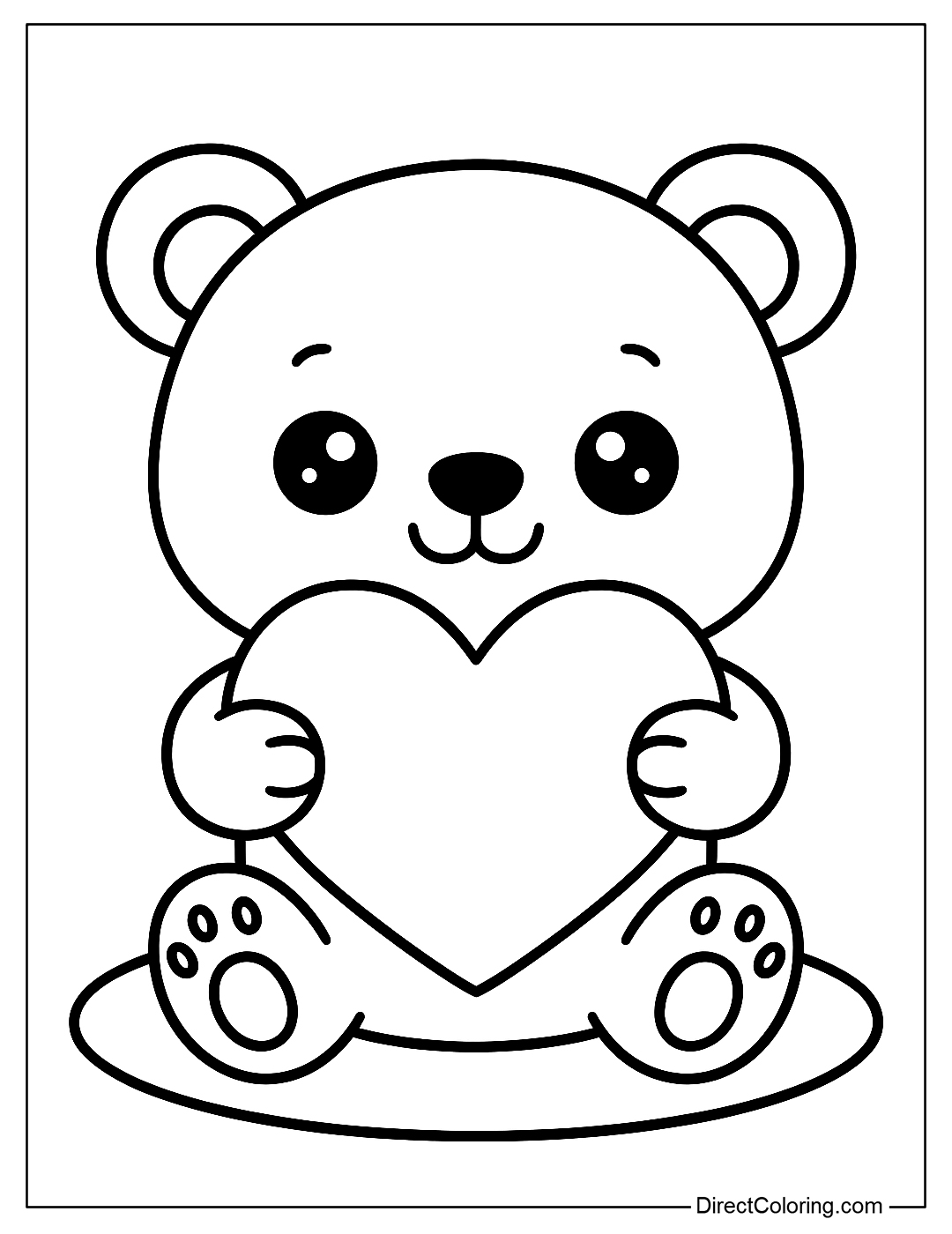 Coloring page Teddy bear holding a big heart with two hands, has a cute smile and round sparkling eyes